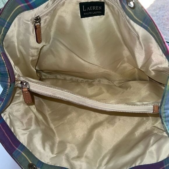 Lauren Ralph Lauren Plaid Multicolor Tote Bag w/ Tan Leather Straps - Picture 15 of 16